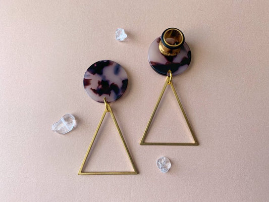 Beige & Black Acetate Discs With Gold Triangle Pendants