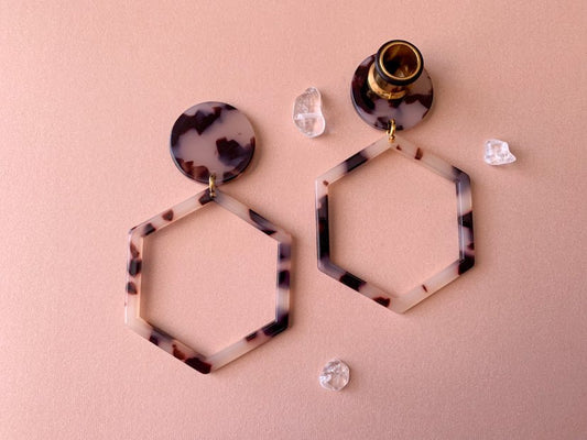 Beige & Brown Tortoiseshell Hexagon Hoops