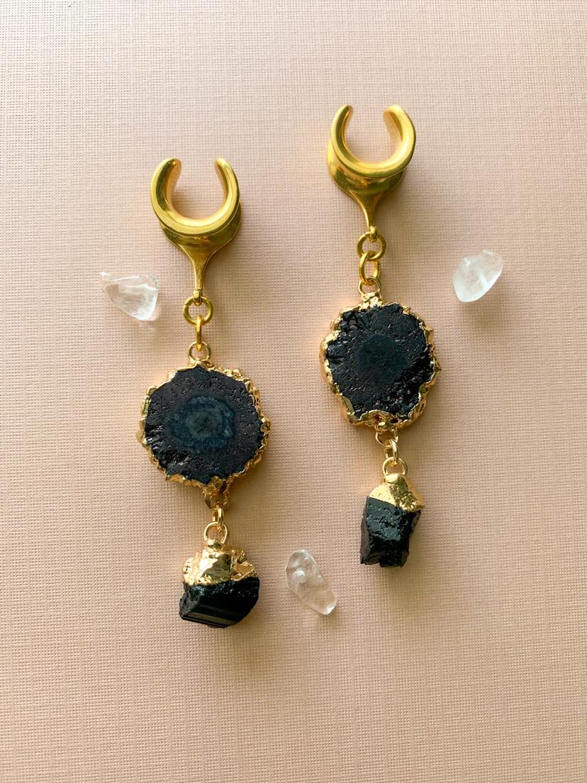 Black Agate and Tourmaline Dangles