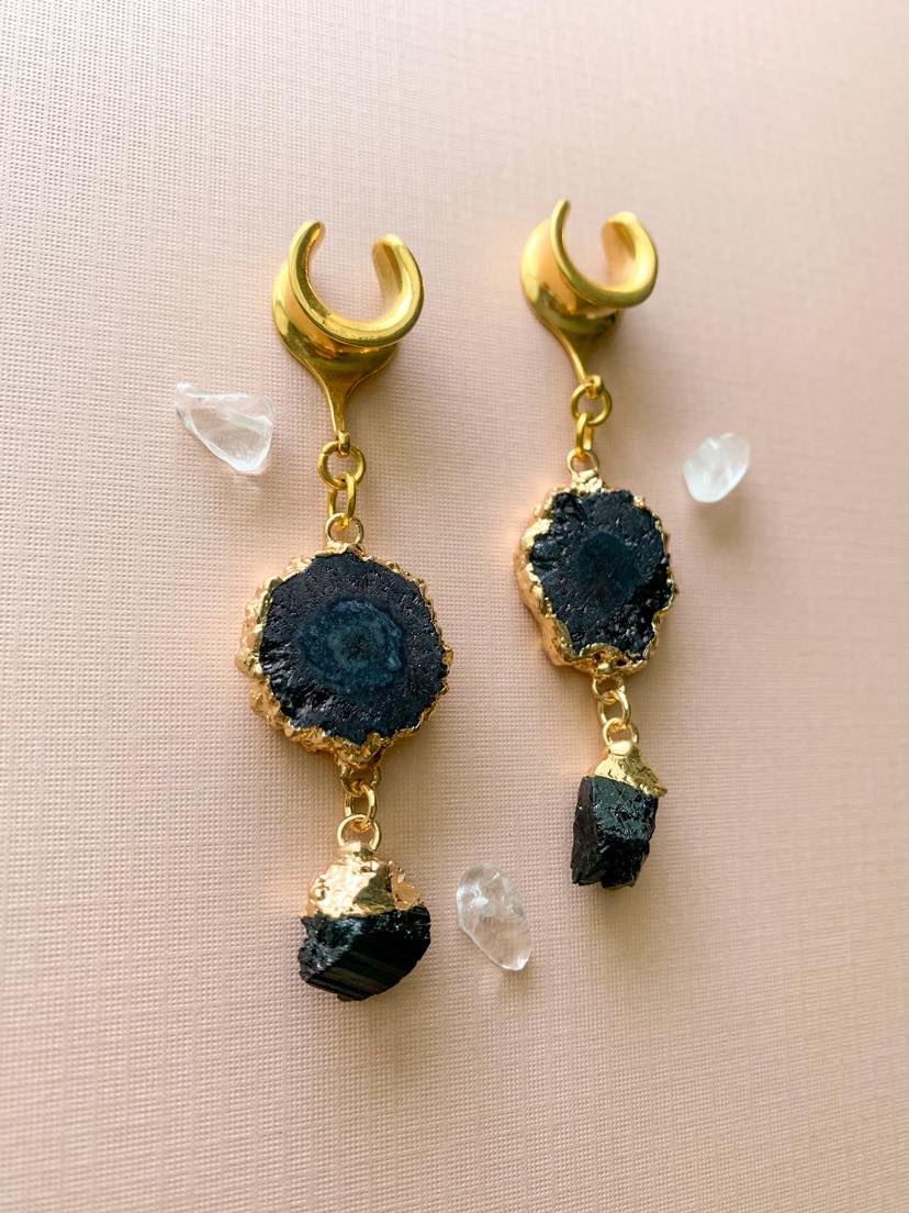 Black Agate and Tourmaline Dangles