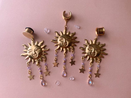 Brass Sun Earrings with Star & Gem Pendants