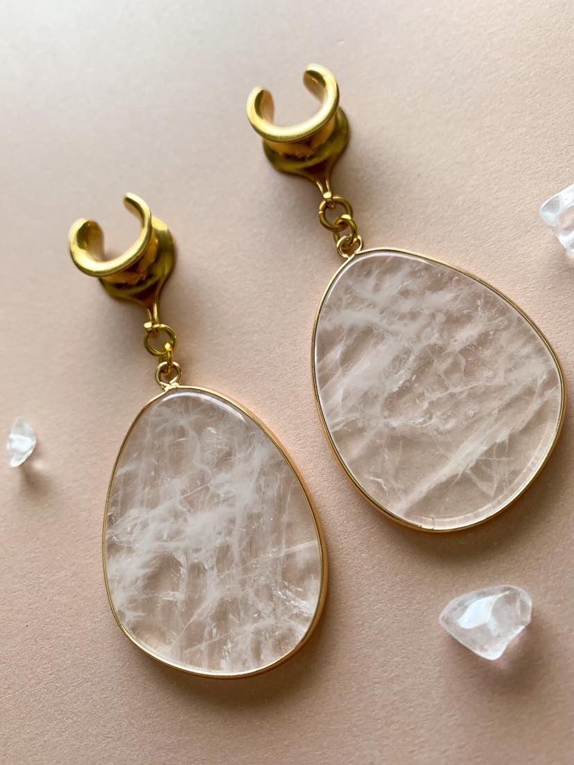 Clear Quartz Slice Earrings With Gold Trim