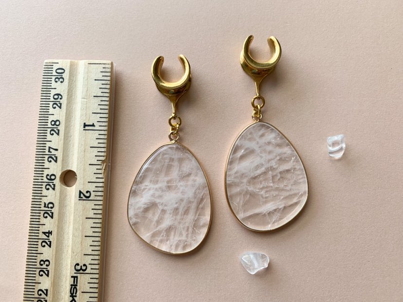 Clear Quartz Slice Earrings With Gold Trim