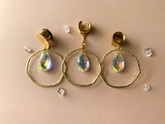 Gold Hammered Hoops With Tear Jewel Pendant