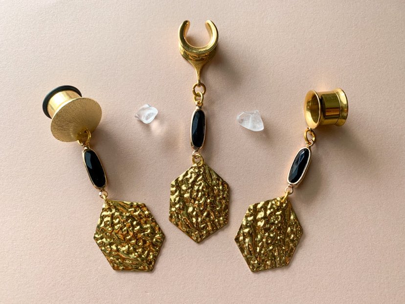 Black Jewel With Hammered Brass Pendants