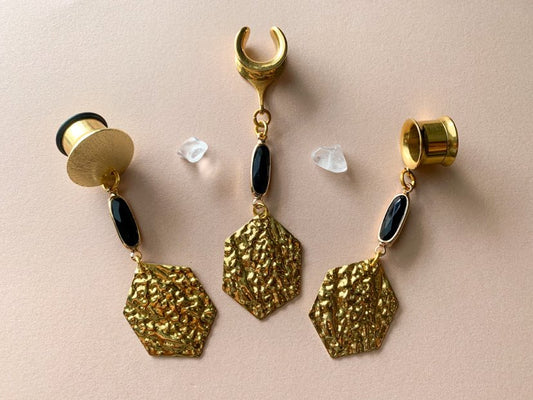 Black Jewel With Hammered Brass Pendants