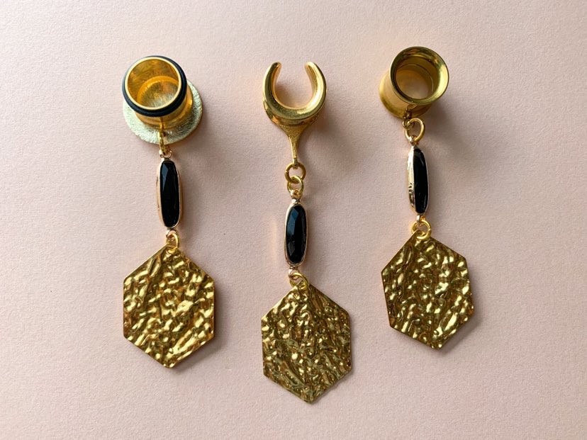 Black Jewel With Hammered Brass Pendants