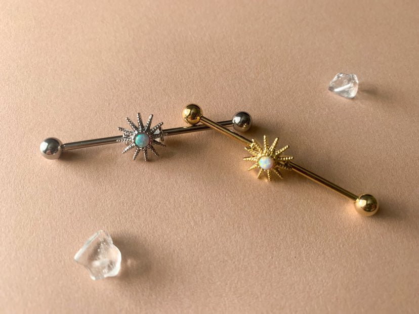 Gold Or Silver Opal Starburst Industrial Barbell