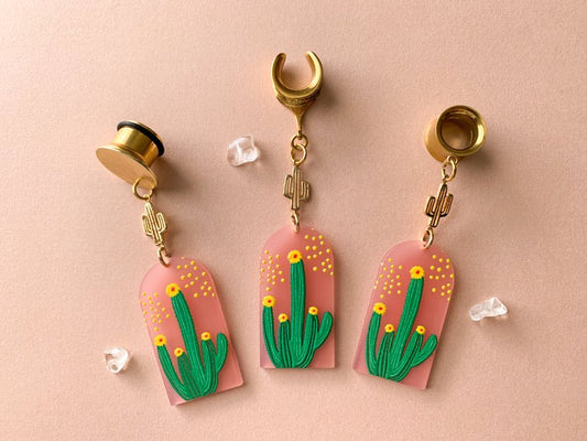 Pink Flowering Cactus & Mini 18k Gold Cactus Dangles