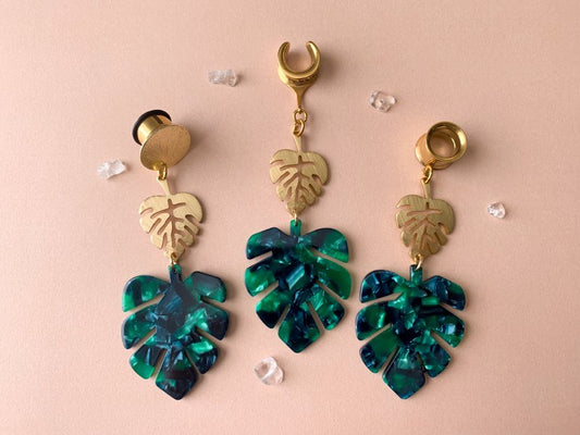 Two Tier Gold & Green Monstera Earrings