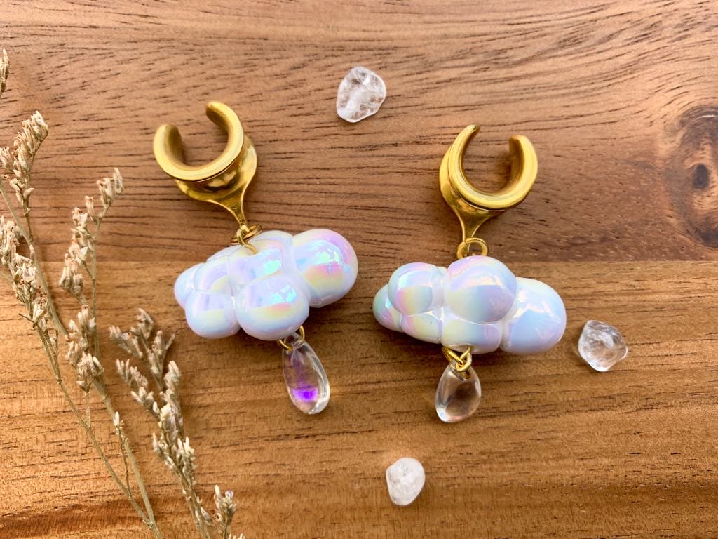 White & Gold Iridescent Raincloud Earrings