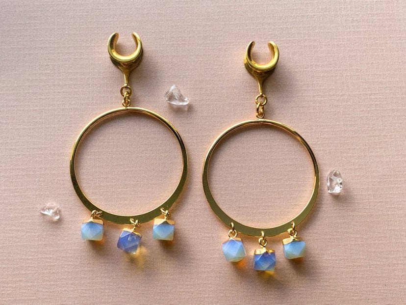 18k Gold Hoops With Glowing Opalite Gems