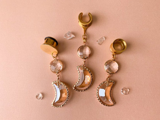 Glass Jeweled Crescent Moon Earrings in Gold Tone