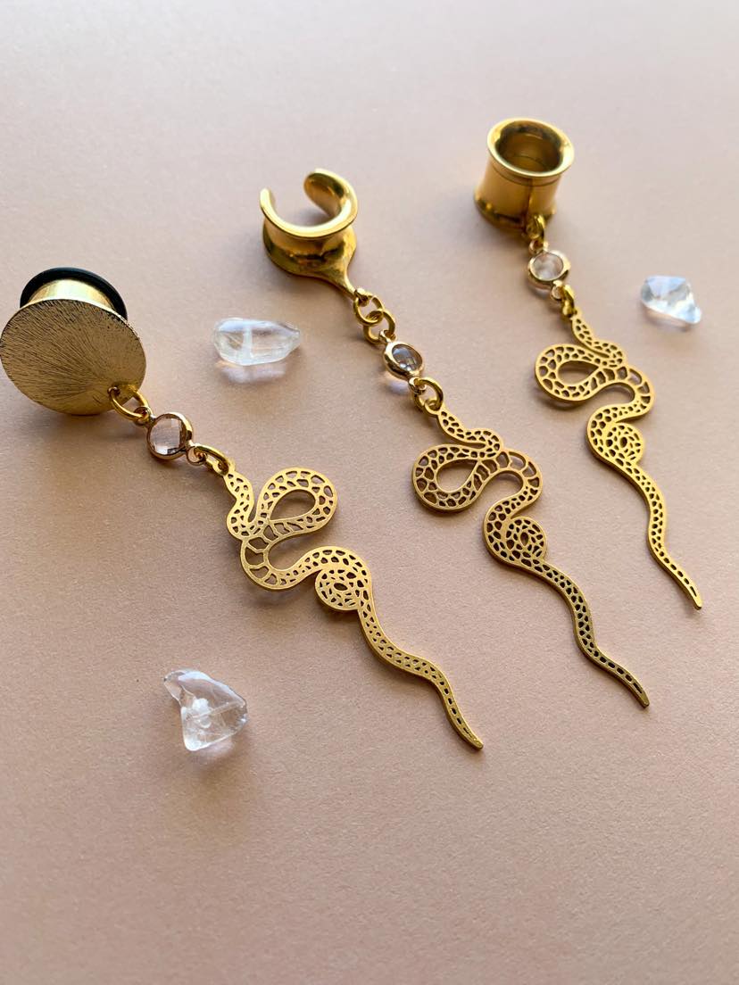 Gold Brass Snake Dangles With Crystal Charm