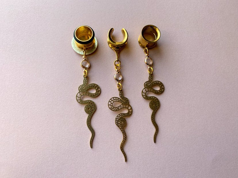 Gold Brass Snake Dangles With Crystal Charm