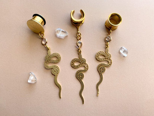 Gold Brass Snake Dangles With Crystal Charm