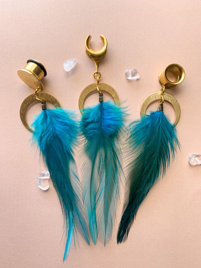 Teal Feather Earrings with Gold Brass Accents