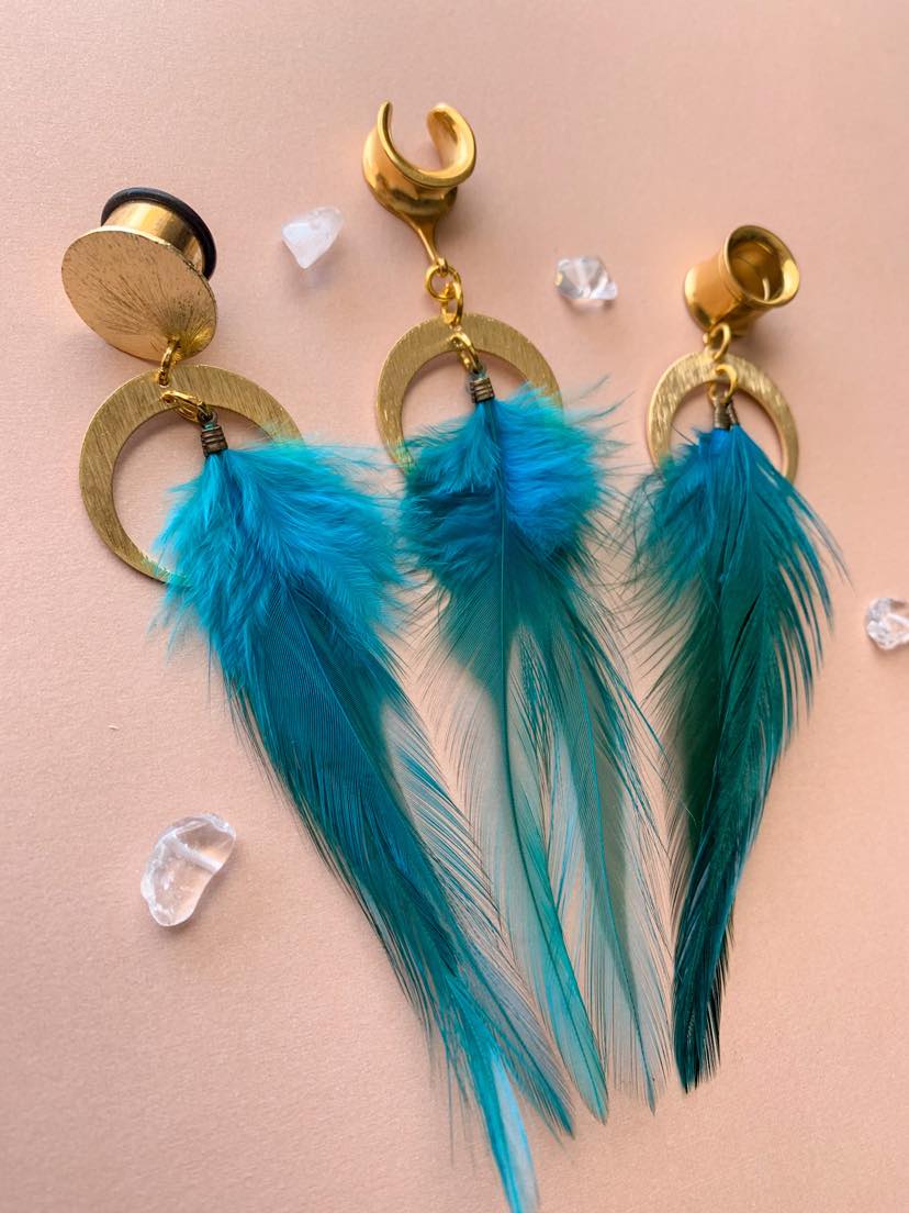 Teal Feather Earrings with Gold Brass Accents