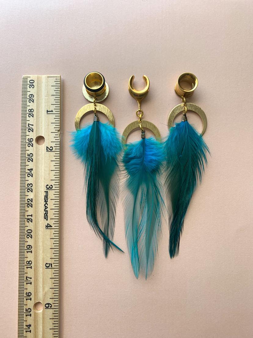 Teal Feather Earrings with Gold Brass Accents